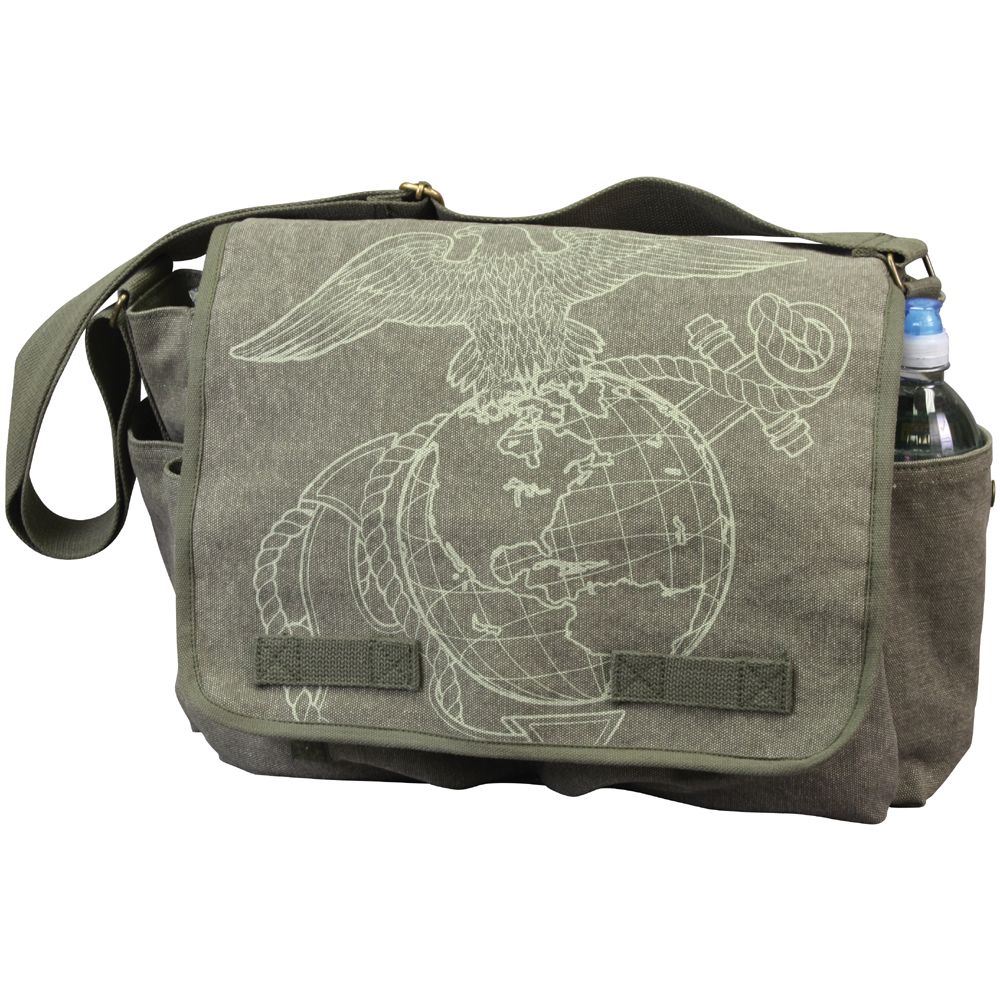 Vintage Canvas Messenger Bag Olive Drab with Subdued USMC Globe and Anchor Print Camouflage.ca