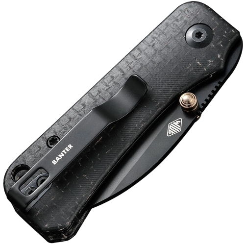 Baby Banter Wharncliffe Folding Knife displayed with black handle and Wharncliffe blade. A compact and reliable EDC tool for various tasks. 