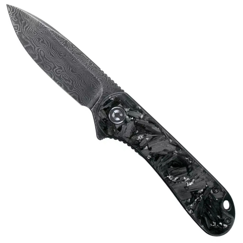 Elementum Damascus Flipper Knife Carbon Fiber Handle