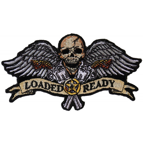 Embroidered Patch Loaded and Ready Skull Wings Guns Small