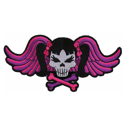 Pigtails Bow Skull and Wings Small Pink Patch - 5x2.5 inch