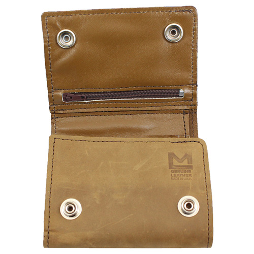 Leather Tri-Fold Wallet with Chain - Brown