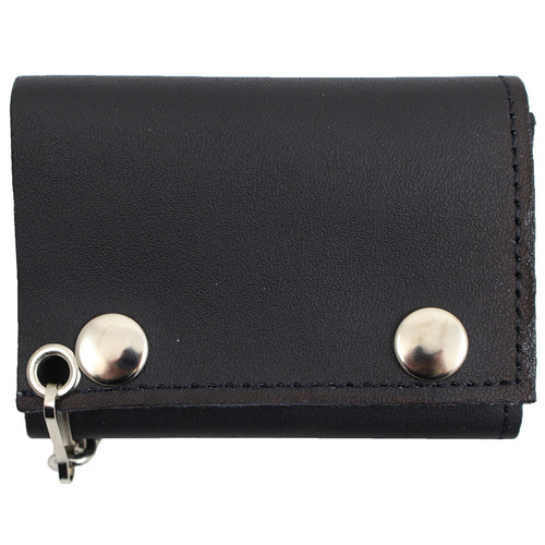 Leather Tri-Fold Pocket Wallet with Chain - Black