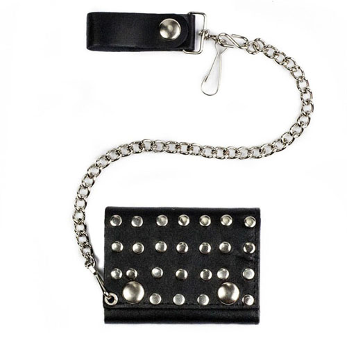 Tri-Fold Studded Wallet with Chain - Black