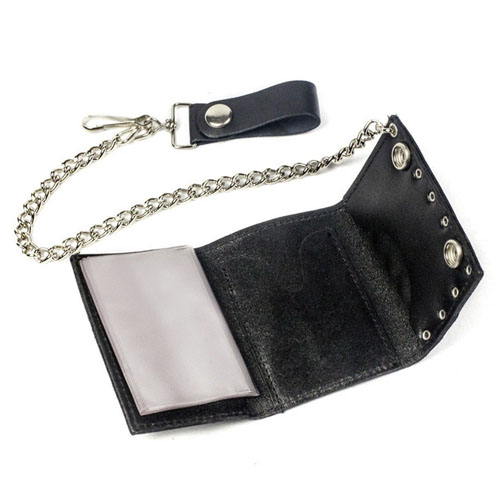 Tri-Fold Studded Wallet with Chain - Black