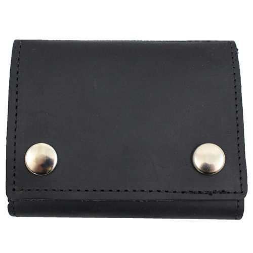 Leather Tri-Fold Wallet with Chain - Black