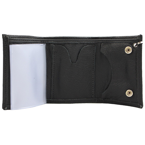 Genuine Leather Tri-Fold Wallet with Chain - Black