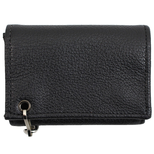 Genuine Leather Tri-Fold Wallet with Chain - Black