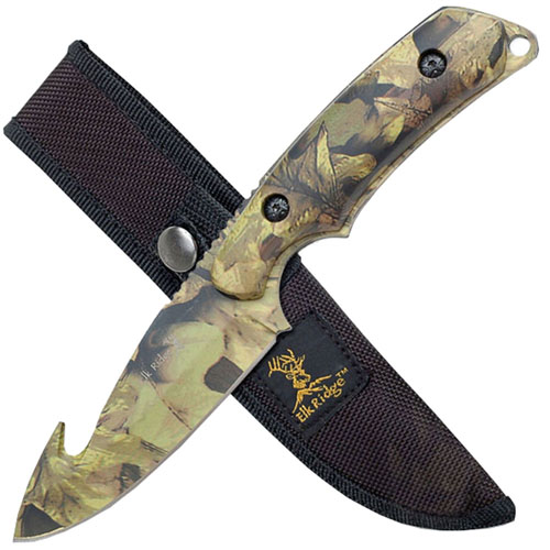 Elk Ridge 116 Camo Coated Gut Hook Blade Knife 