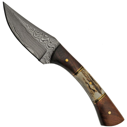 True Damascus Fixed Blade Knife w/Sheath - Stag Antler